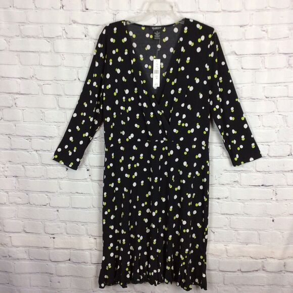 Glamour Women’s Dress Size 16 Faux Wrap Ruffled Hemline Black/Lime Green/White - Picture 1 of 10